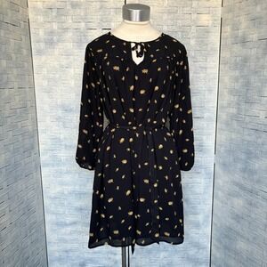 Madewell Small Midi Black Daisy Print Tie Neck Long Sleeve‎